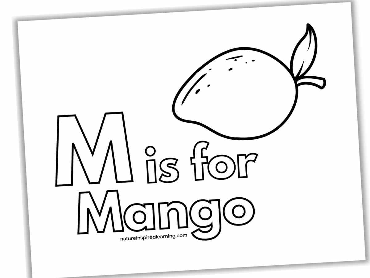 black and white sheet with M is for Mango written in outline form next to the outline of a mango