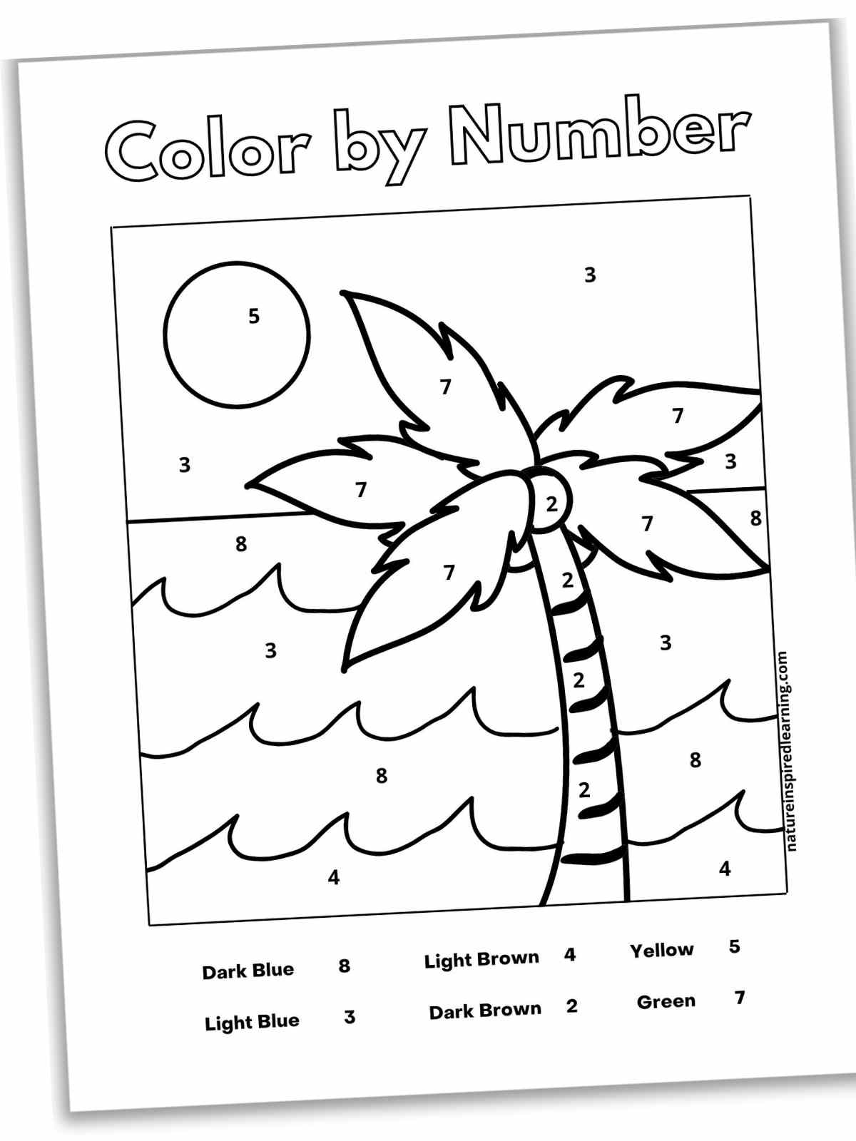 black and white worksheet with a palm tree, sun, ocean waves, and beach with a color key and title slanted with a drop shadow.