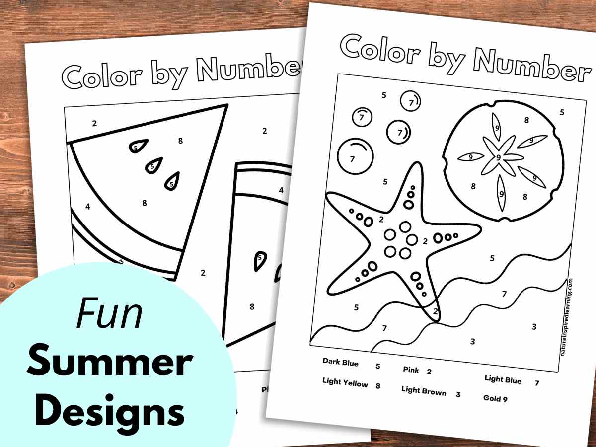 two color by number printables overlapping with watermelon, water, starfish, and a sand dollar on a wooden background with a bright light blue circle bottom left with black text overlay.