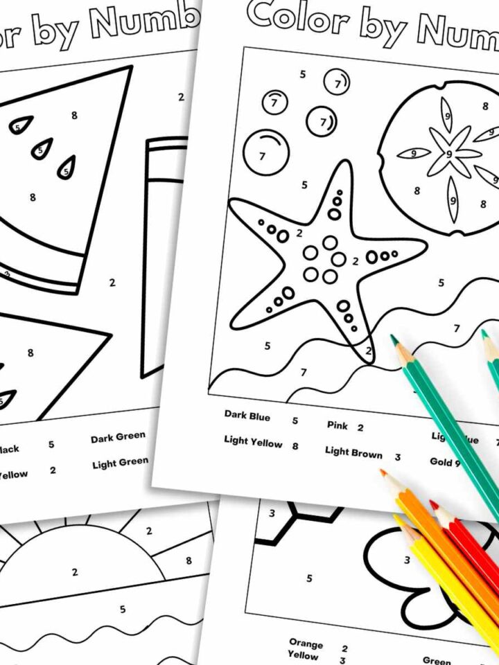 black and white color buy number worksheets with summer designs overlapping with colorful colored pencils bottom right