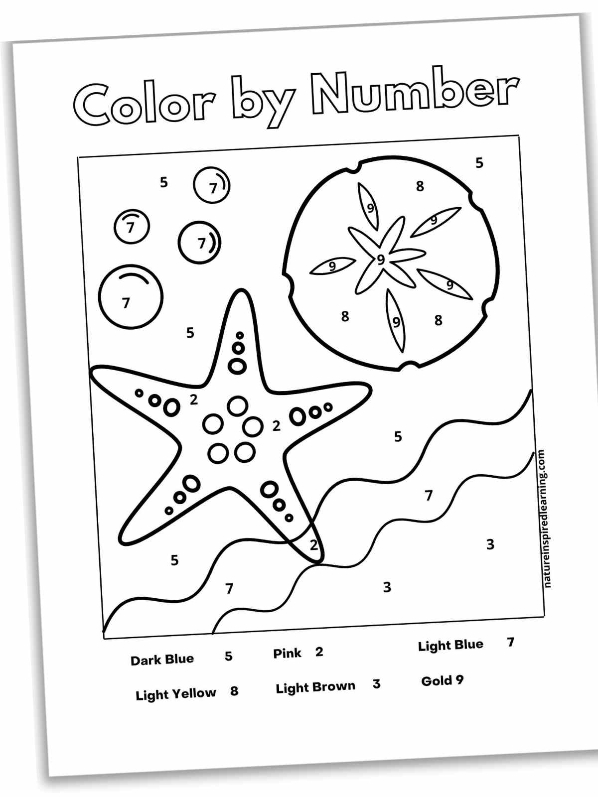 black and white printable with ocean water, waves, sand dollar, starfish, and bubbles with numbers inside the designs and a color key below slanted with a drop shadow.