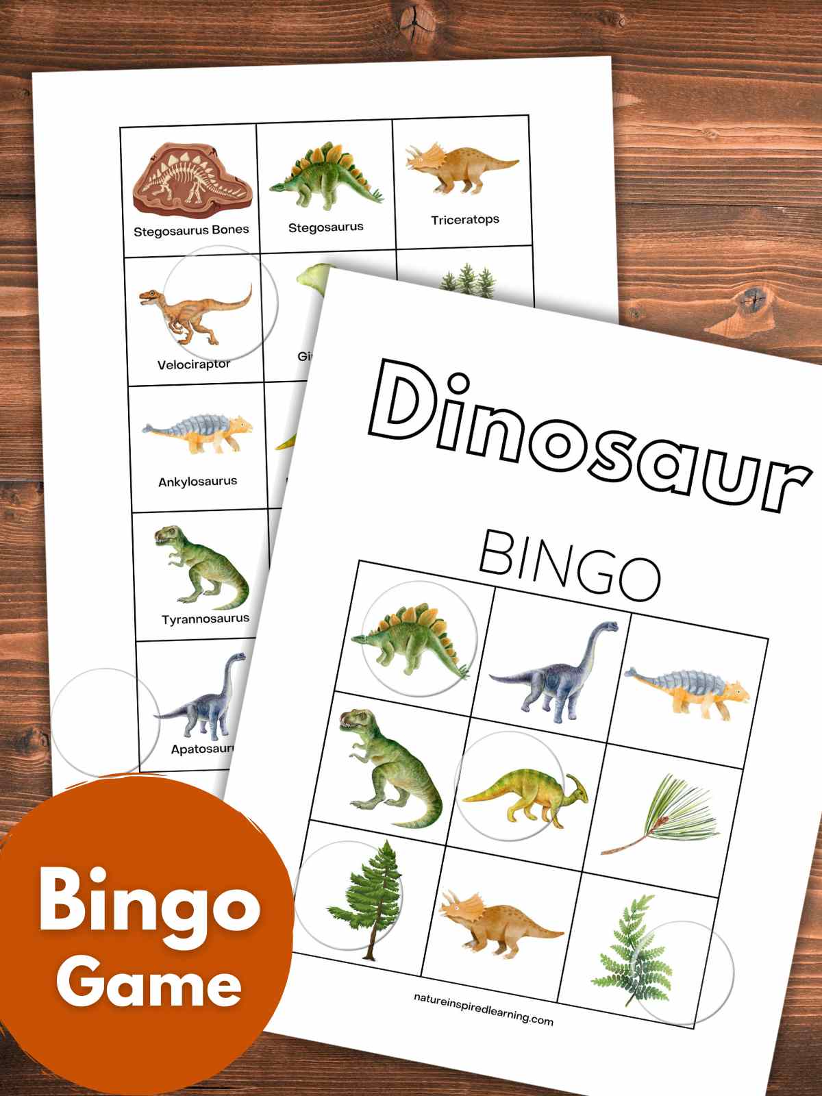 Two printable bingo cards with dinosaur images overlapping each other on a wooden background with an orange circle bottom left with white text overlay. Clear bingo chips on each bingo card.