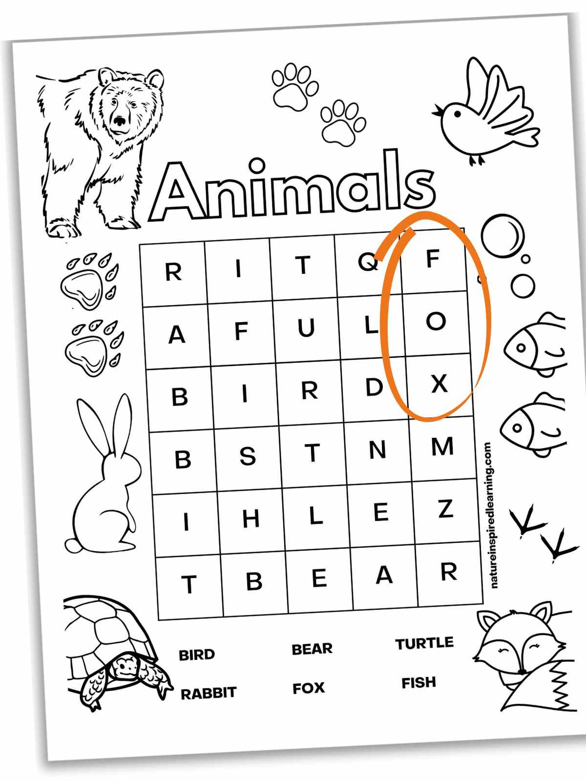 black and white word search with simple animal words and animals around the border. Fox circled in orange.