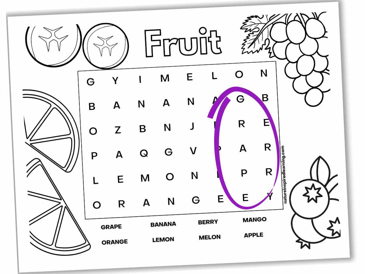 Black and white fruit word search with different fruit designs as a boarder slanted on a white background. The word grape circled in purple on the printable.