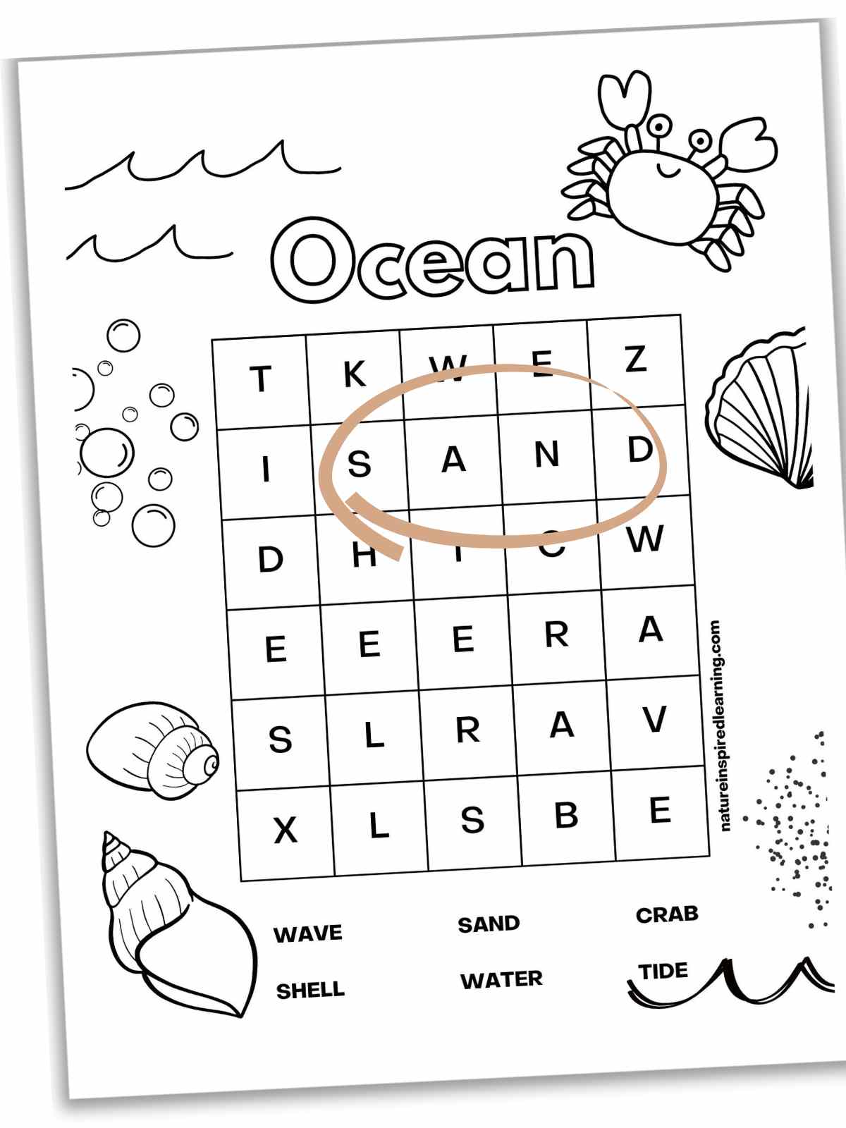 Simple word search with ocean words and ocean images around the border. Sand circled in brown.