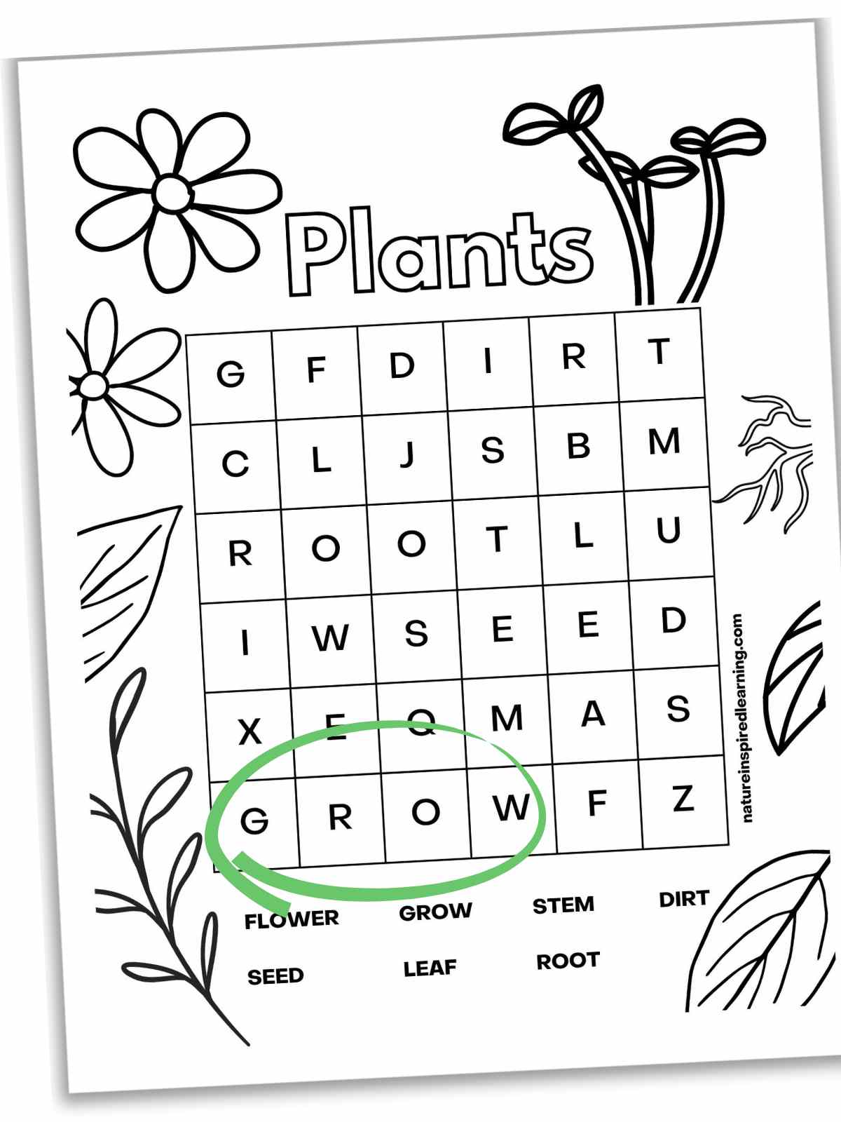 Simple word search with plant words and plant images around the border. Grow circled in green.