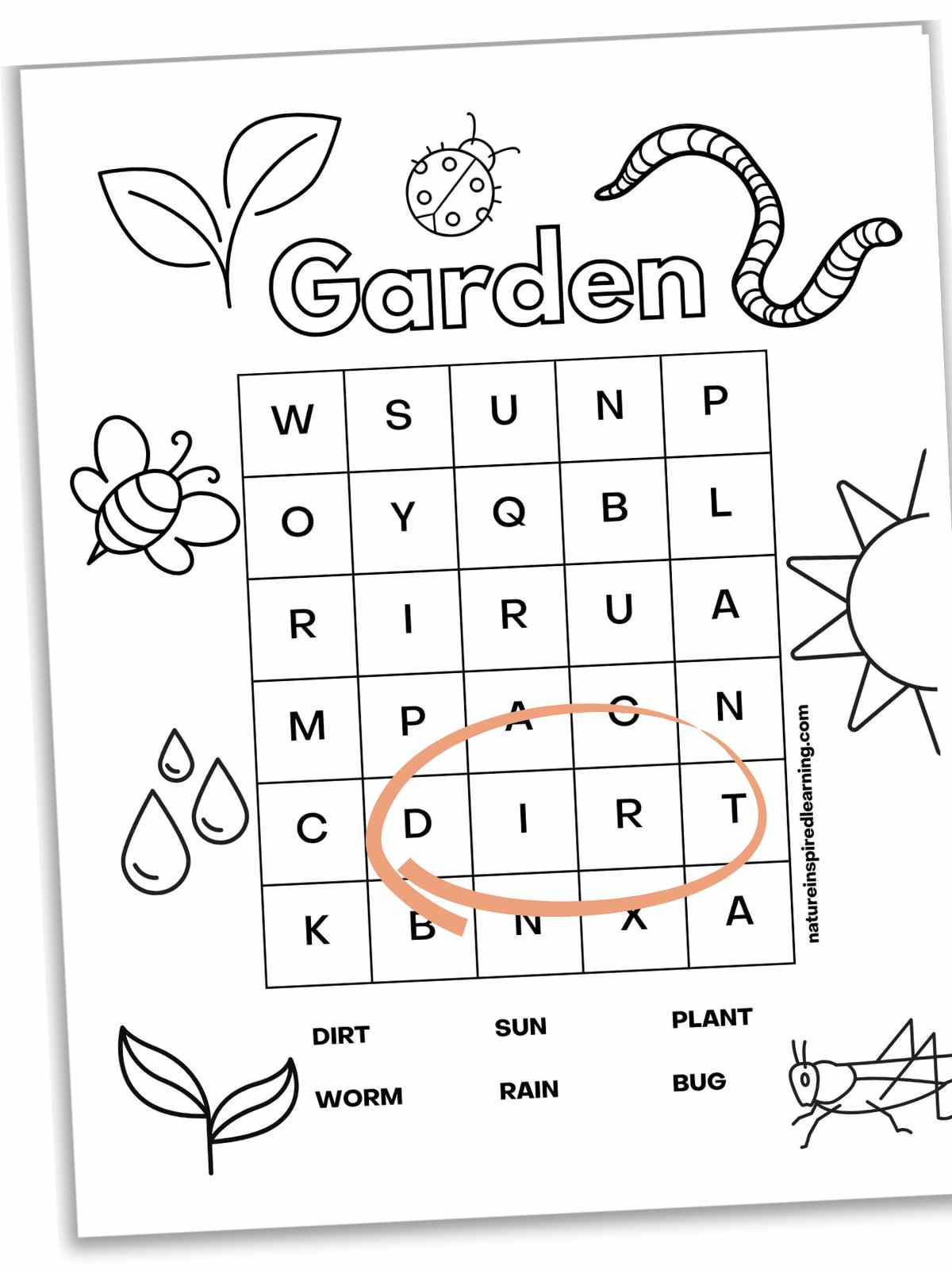 simple word search with garden words and images around the border. Dirt circled in peach.