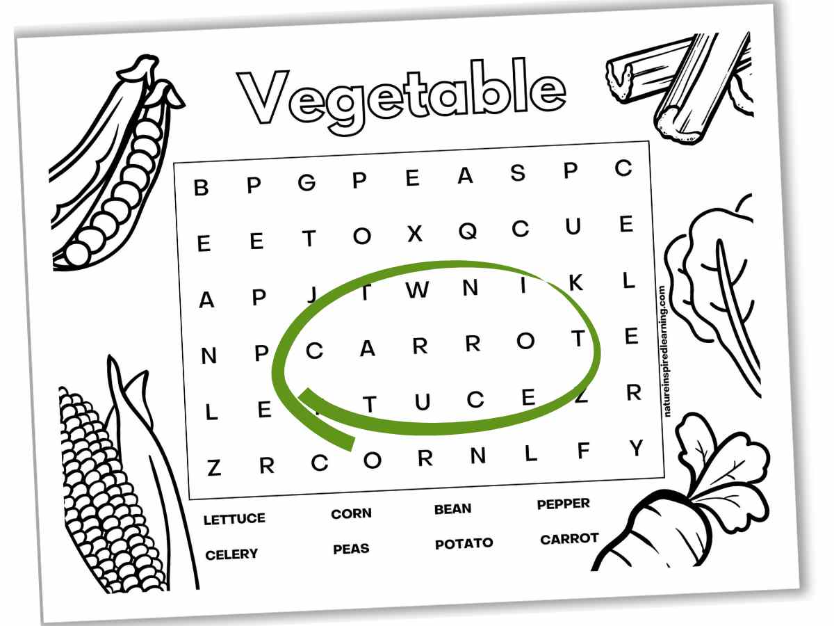 black and white vegetable themed word search with different vegetable designs around the edges and carrot circled in green slanted on a white background.