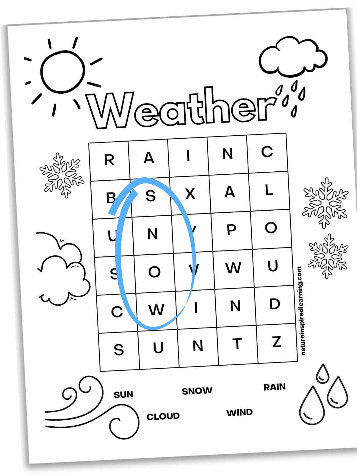 Simple word search with weather words and weather images around the border. Snow circled in blue.