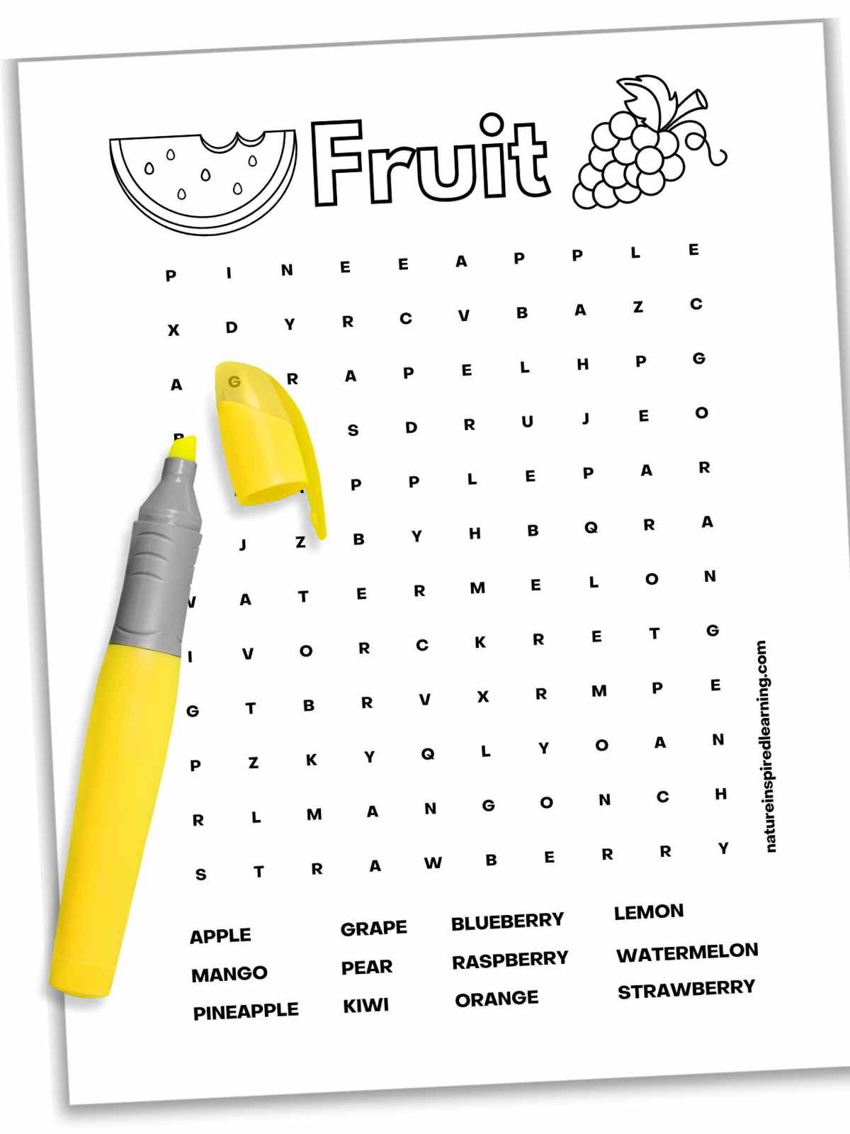 black and white fruit word search with a yellow highlighter with the cover on the left side of the sheet.