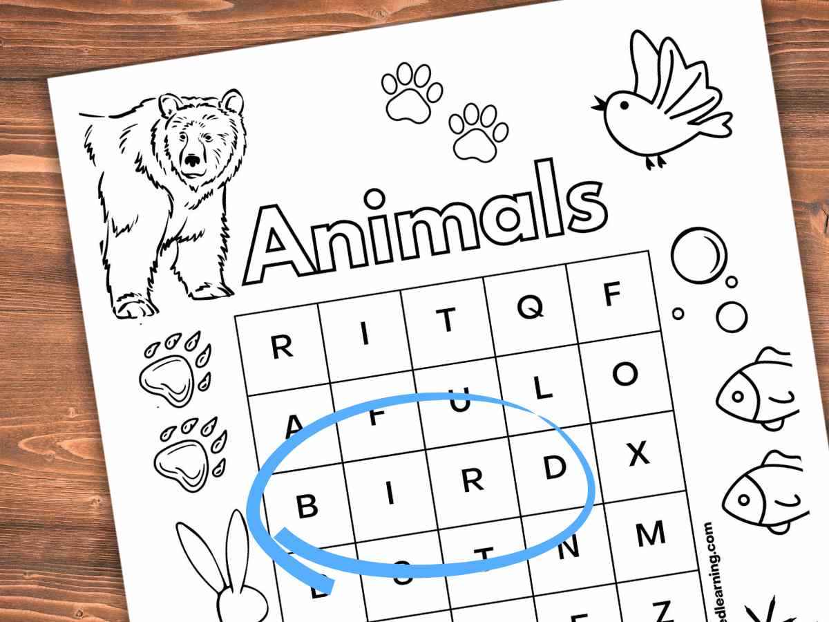 easy word search with black and white animals as a border around the puzzle with the word bird circled in blue. Printable slanted on a wooden background