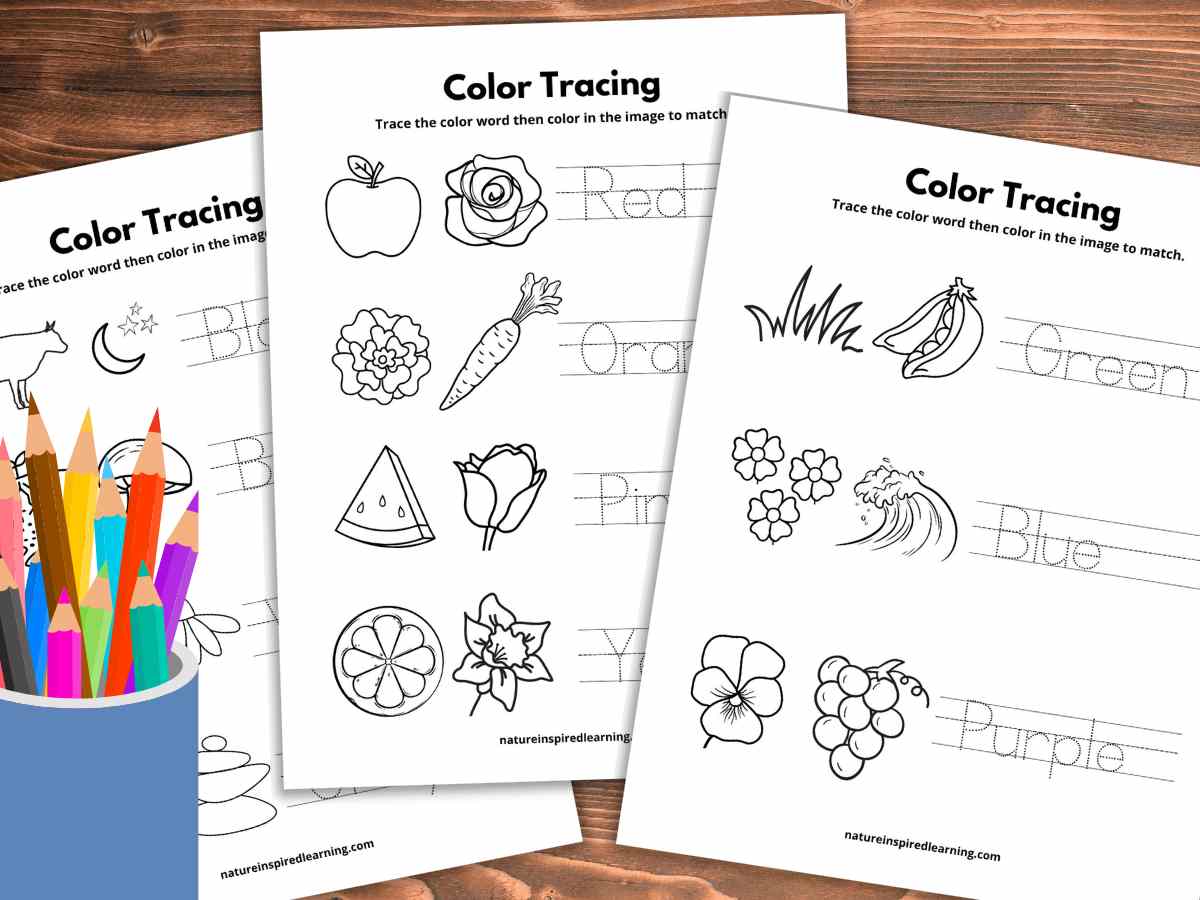 Three black and white worksheets with color words in dotted font with different clip art overlapping on a wooden background. Container with different colored pencils bottom left.
