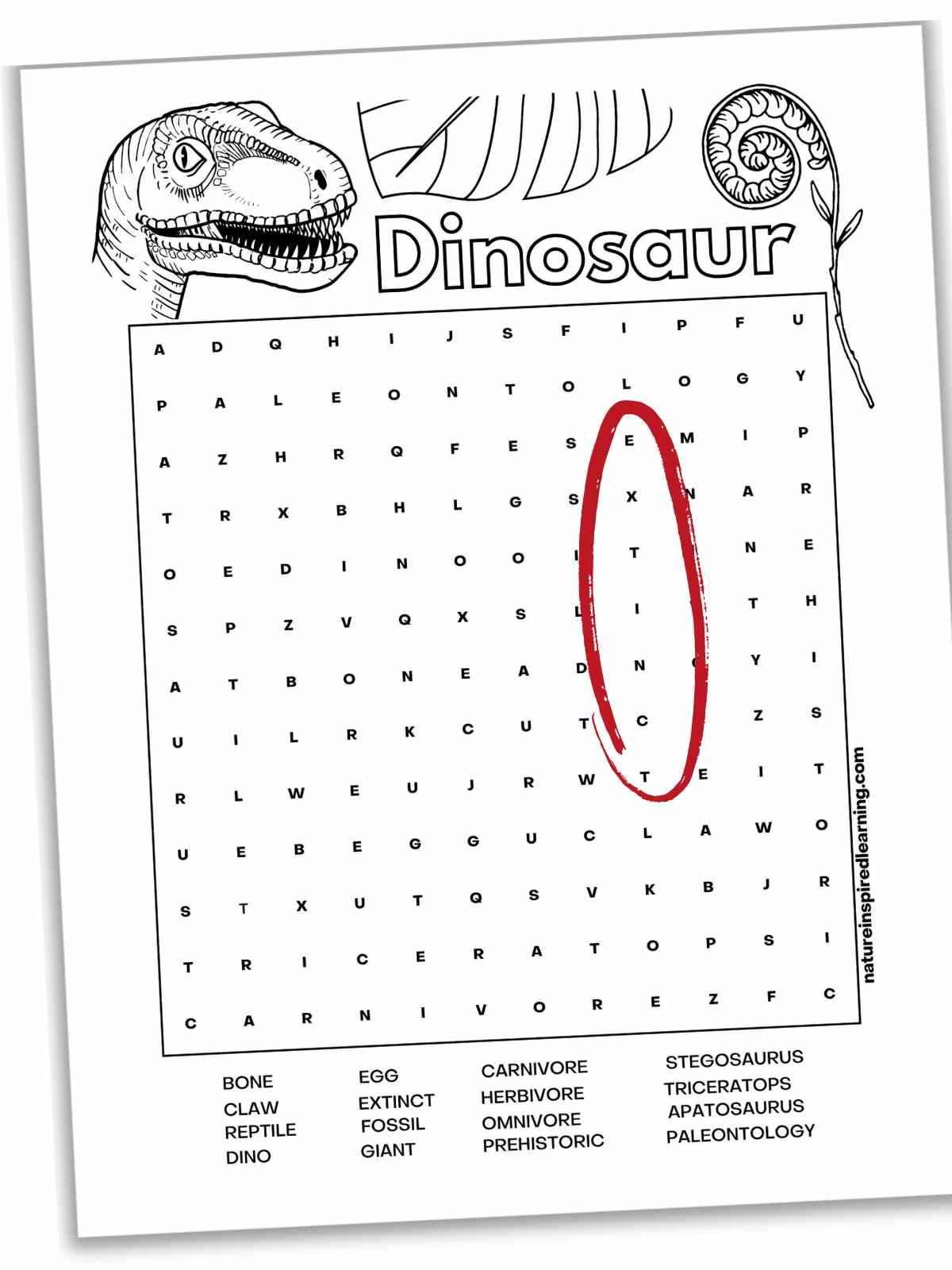 black and white dinosaur word search with sixteen hidden words, dinosaur clip art at the top, and extinct circled in red.