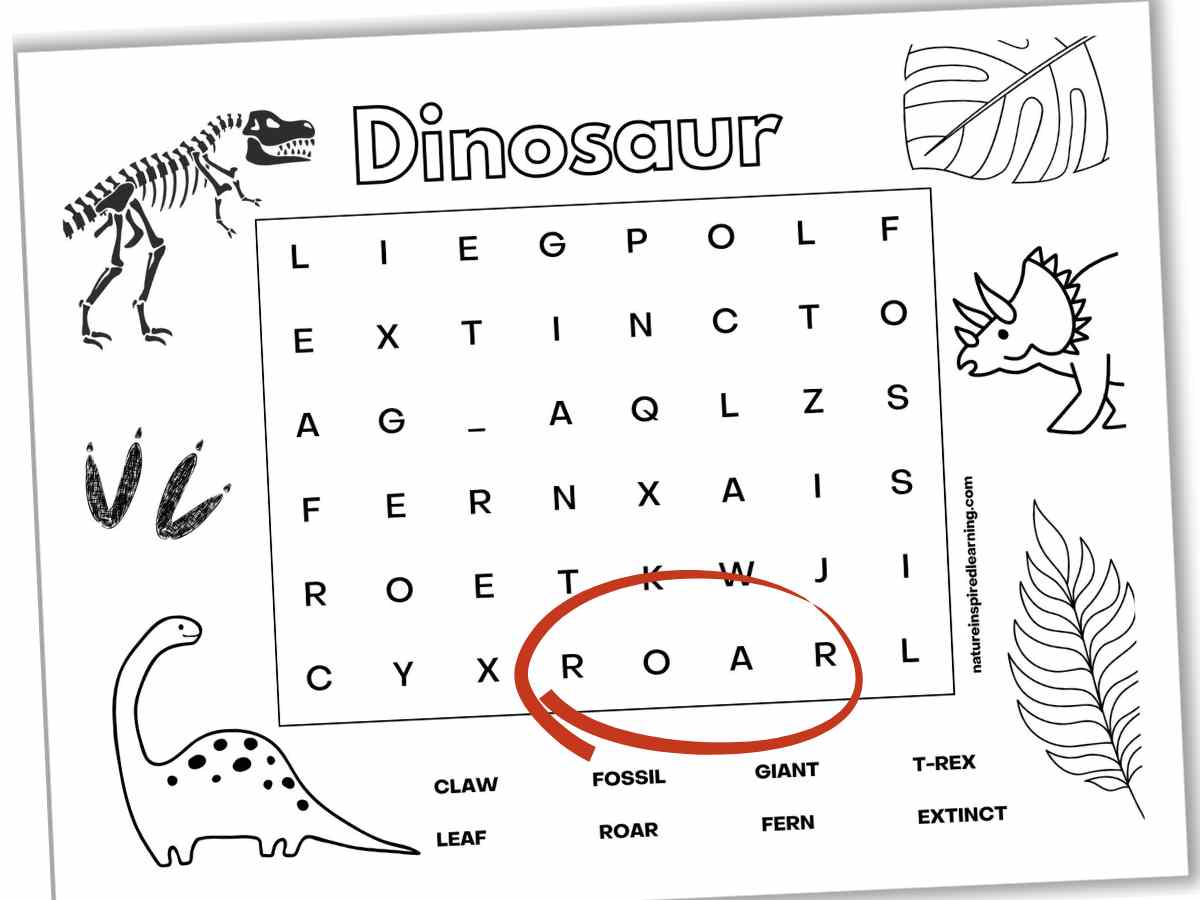 Basic black and white dinosaur word search with eight hidden words and dinosaur clip art as a border.