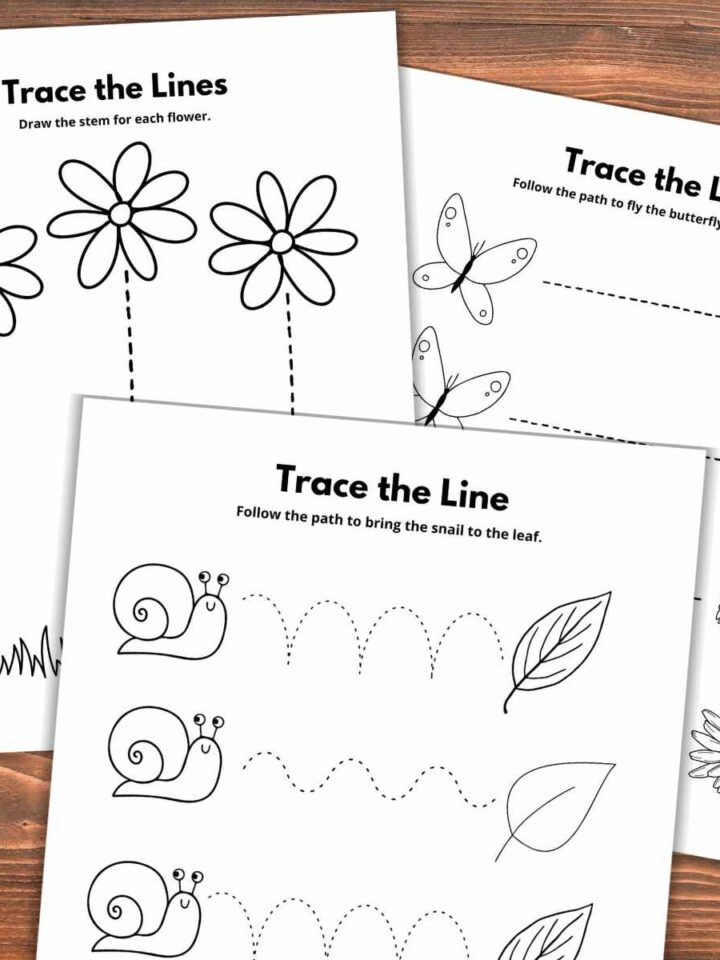Three black and white worksheets with dotted lines, flowers, butterflies, leaves, and snails overlapping on a wooden background
