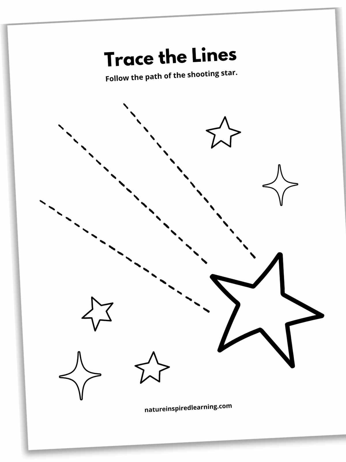 Black and white worksheet with a large star with three dotted diagonal lines behind with smaller stars on the sides.