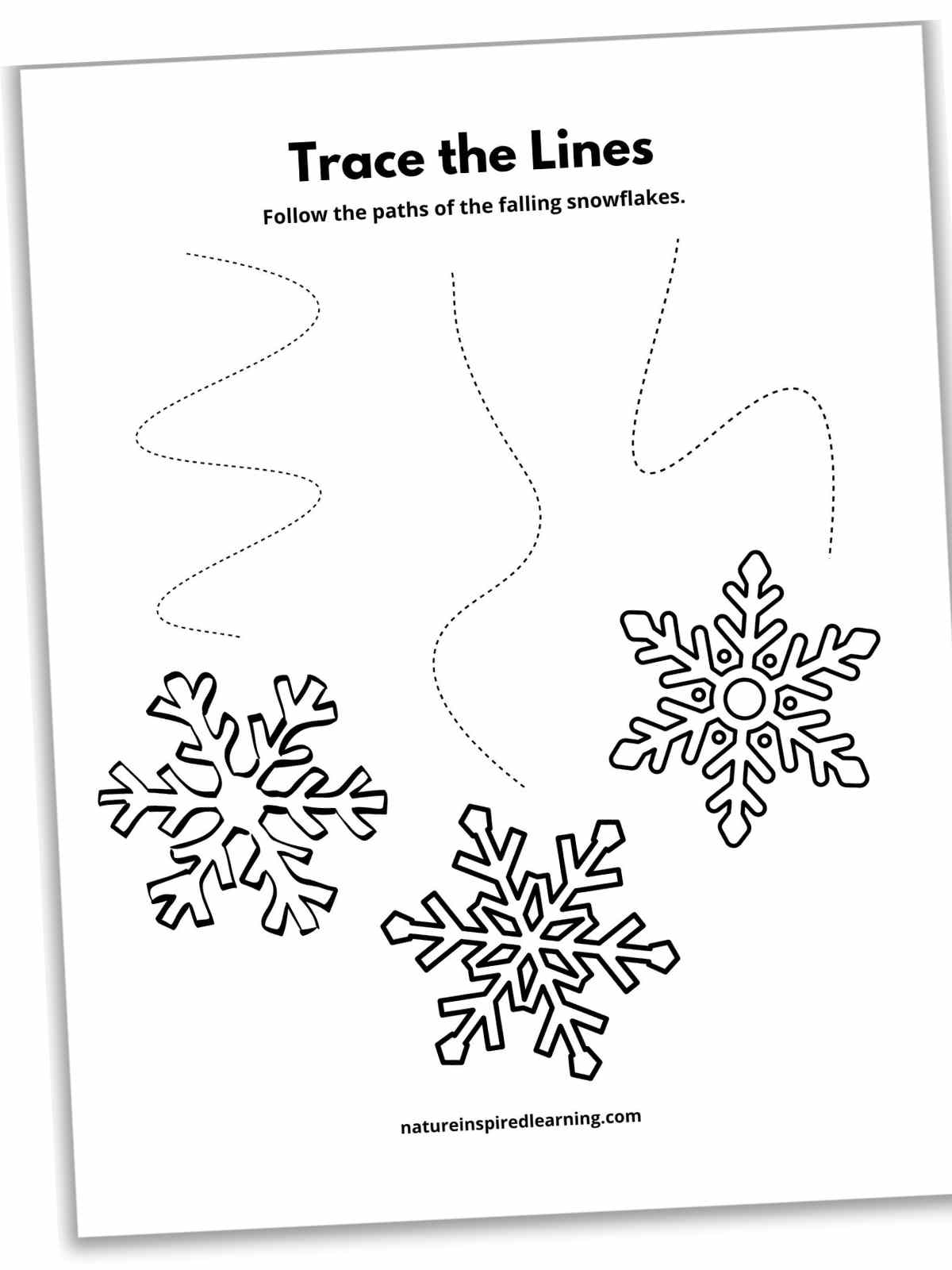 Black and white worksheet with three snowflakes with a dashed wavy line behind each.
