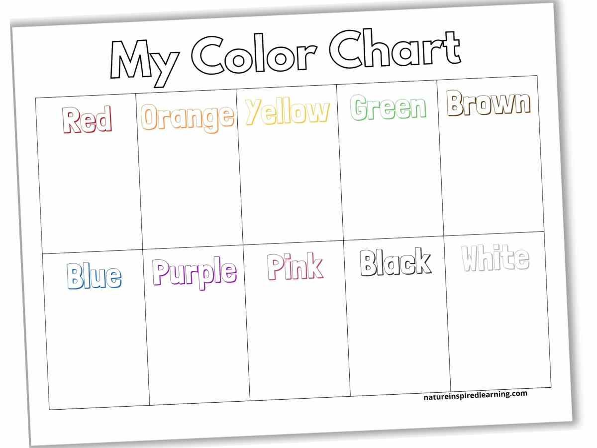 Printable with My Color Chart across the top and a grid with a different color name within each rectangle. Each name is written in the corresponding color. Color names include: red, orange, yellow, green, brown, blue, purple, pink, black, and white.