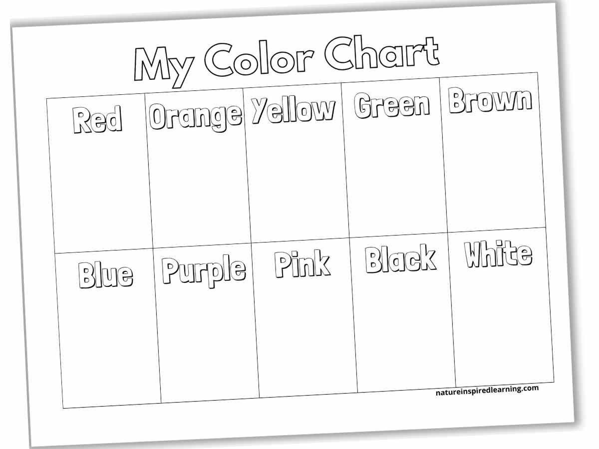 Black and white printable with My Color Chart across the top and a grid with a different color name within each rectangle. Color names include: red, orange, yellow, green, brown, blue, purple, pink, black, and white.