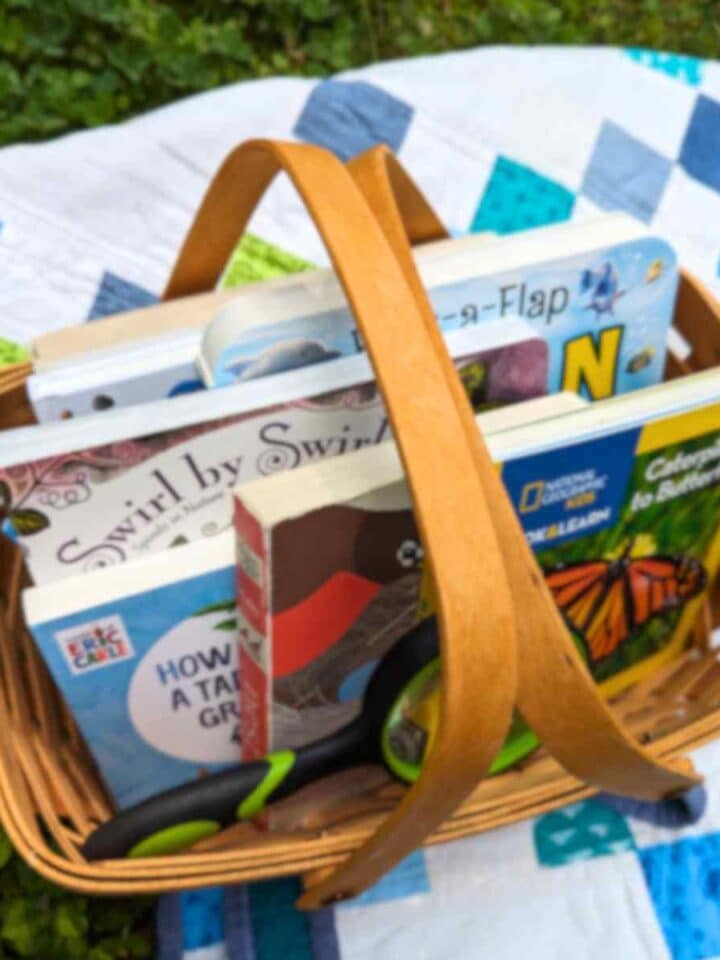 basket filled with brightly colored board books and a magnifying lens on a quilt with blues and whites on green grass.