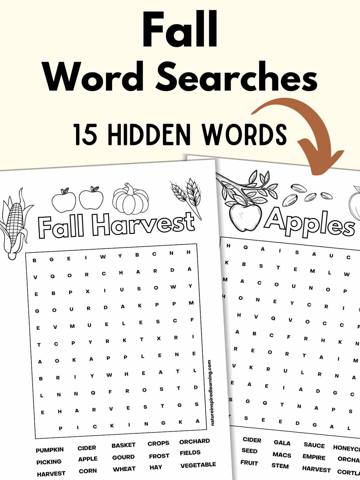 Fall harvest and apples word searches next to each other with black text above on an off white background with a brown arrow pointing down.