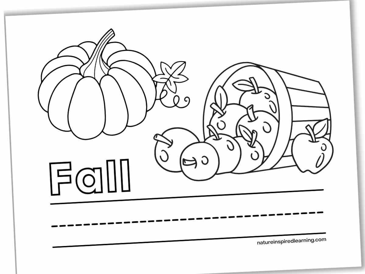 Black and white printable with a pumpkin with a vine next to a basket on its side with apples spilling out. The word Fall written in outline form above a set of lines.