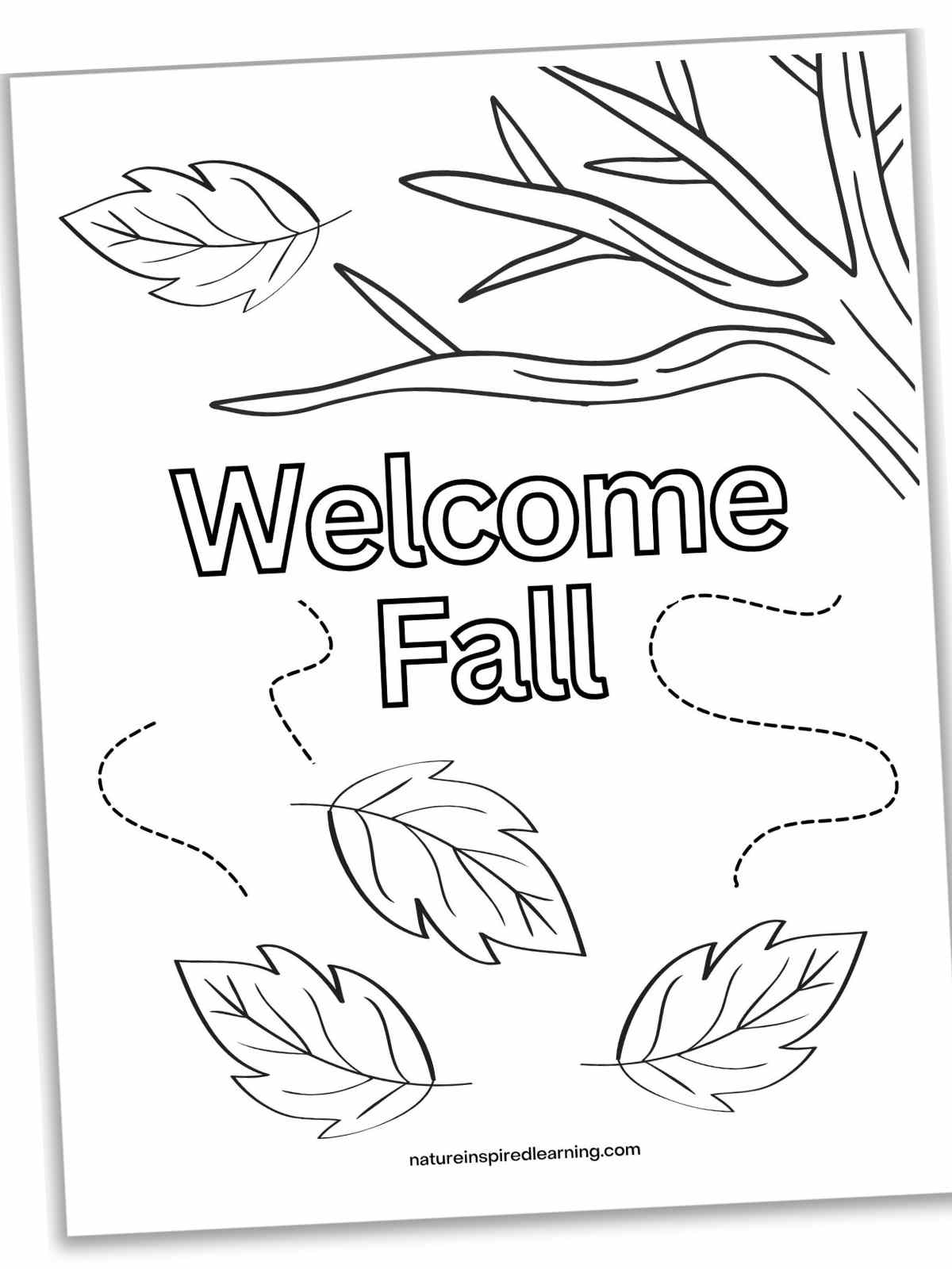 Black and white printable with Welcome Fall in outline form in between bare branches and leaves with curved dashed lines.