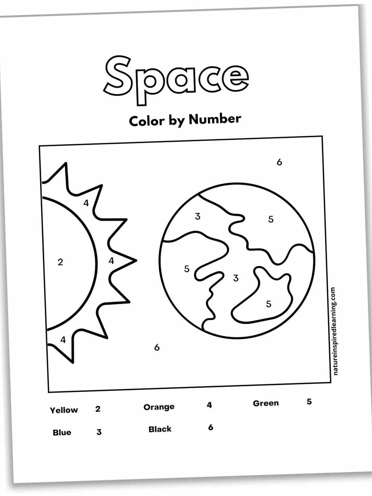 Black and white worksheet with Space written in outline form above the outline of the planet Earth and the sun. Number key at the bottom with numbers within the image.