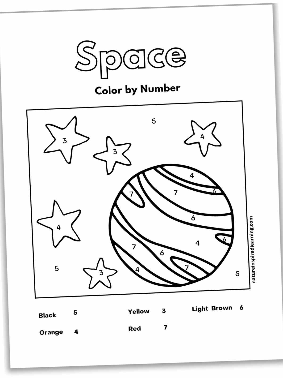 Black and white color by number with space across the top and the outline of the planet Jupiter and stars. A color key across the bottom.
