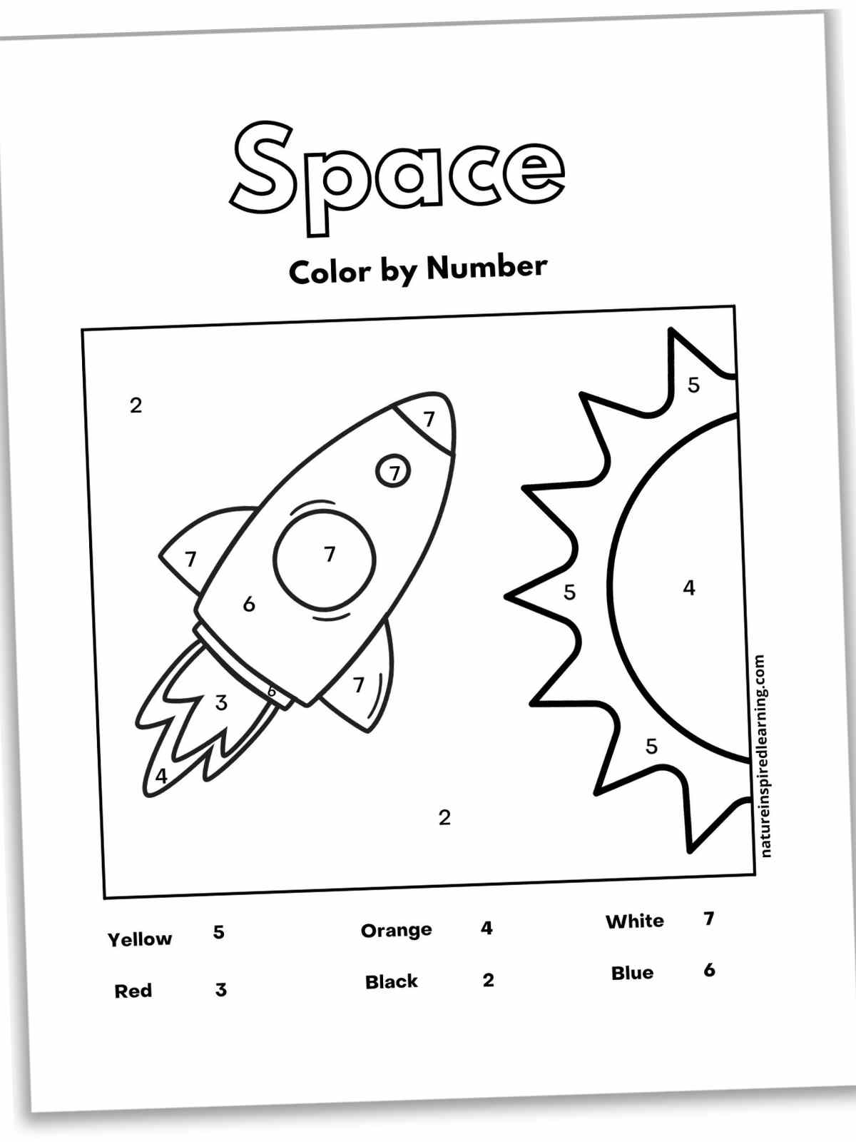 Black and white worksheet with Space written in outline form above the outline of a rocket ship and the sun. Number key at the bottom with numbers within the image.