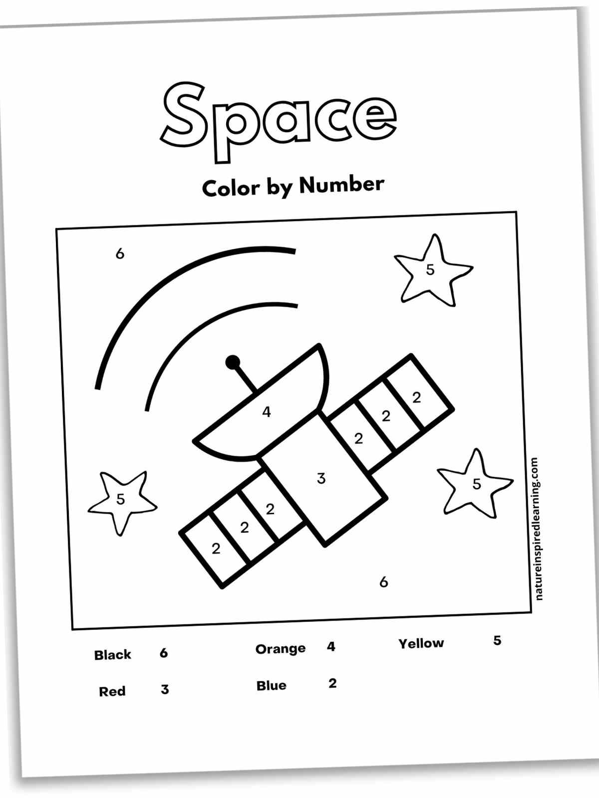 Black and white worksheet with Space written in outline form above the outline of a satellite in space with stars. Number key at the bottom with numbers within the image.
