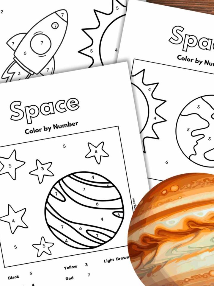 Three color by number worksheets with different planets and a rocket ship overlapping on a wooden background. Colorful orange, red and white planet bottom right.