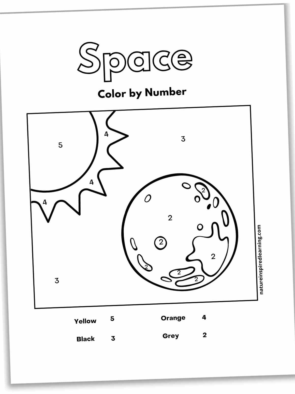 Black and white worksheet with Space written in outline form above the outline of the sun and moon. Number key at the bottom with numbers within the image.