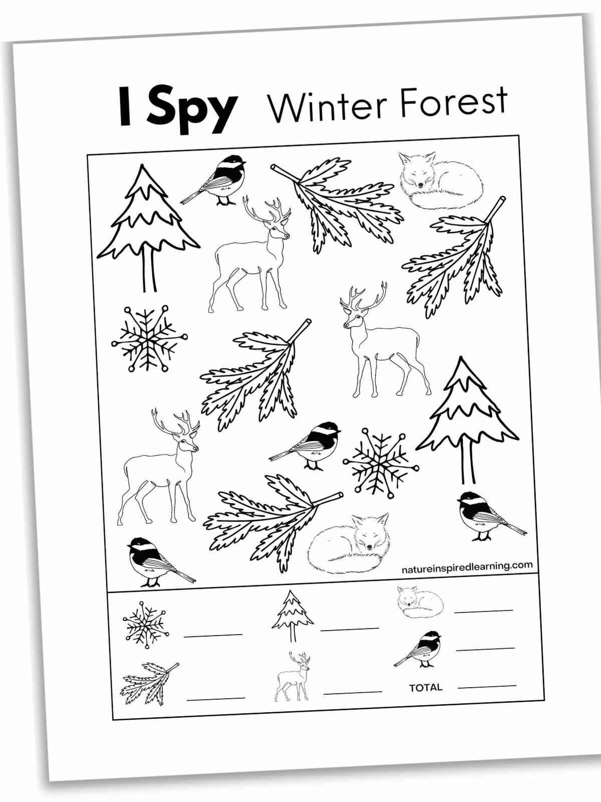 Black and white winter I spy printable with forest animals including a fox, chickadee, and a deer. Key at the bottom.