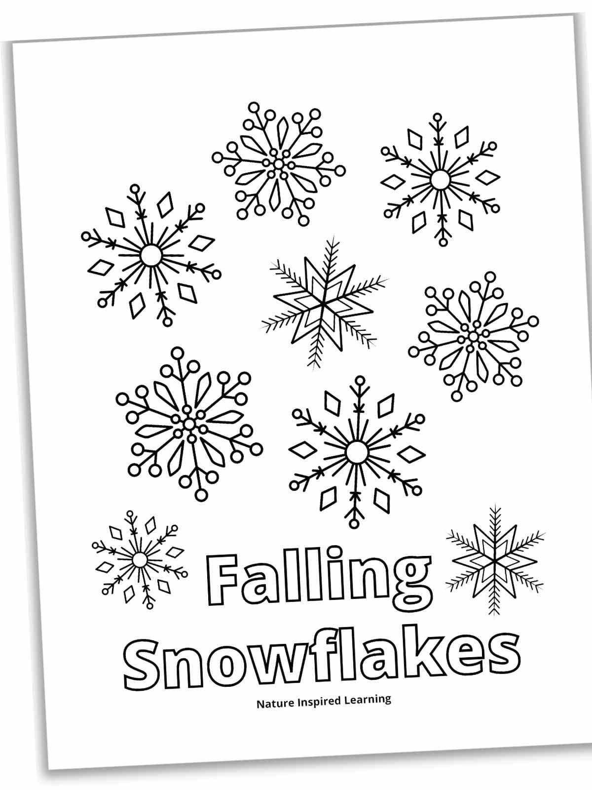Black and white printable with a collection of falling snowflakes with different designs. The words Falling Snowflakes across the bottom in outline form.