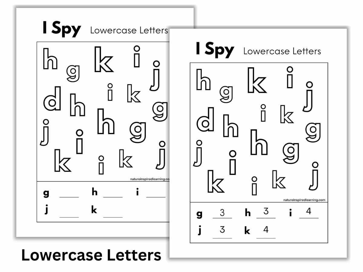 Two black and white letter I spy worksheets with lowercase letters of the alphabet including g, h, i, j, and k. Black text bottom right on white background.