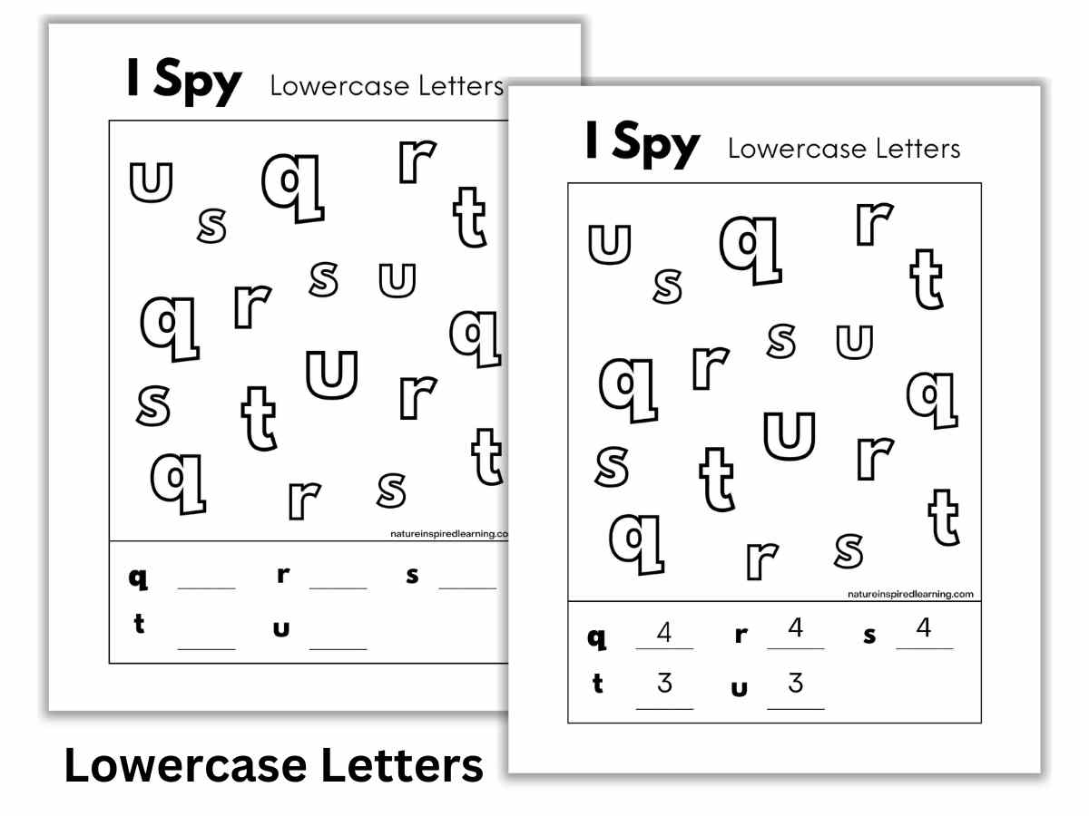Two black and white letter I spy worksheets with lowercase letters of the alphabet including q, r, s, t, and u. Black text bottom right on white background.