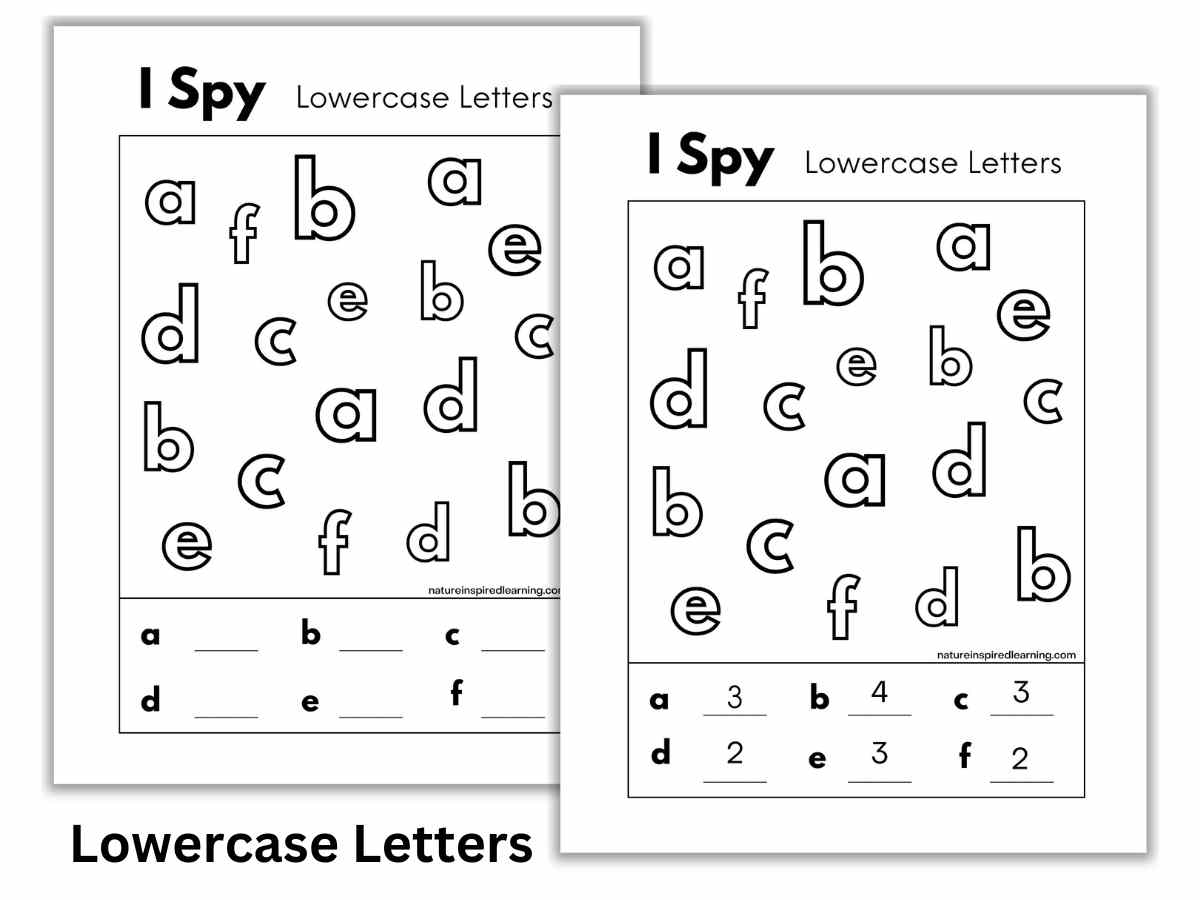 Two black and white letter I spy worksheets with lowercase letters of the alphabet including a, b, c, d, e, and f. Black text bottom right on white background.