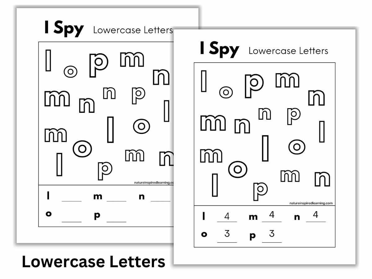 Two black and white letter I spy worksheets with lowercase letters of the alphabet including l, m, n, o, and p. Black text bottom right on white background.