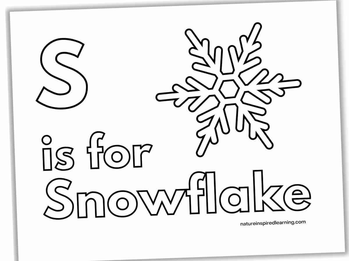 Black and white snowflake coloring page with S is for Snowflake in outline form next to the outline of a snowflake.