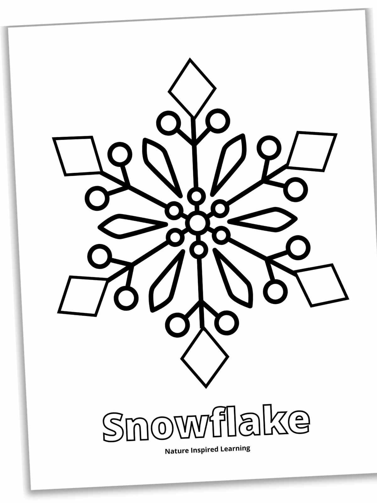 Black and white printable with one large snowflake outline with the word Snowflake below in outline form. Printable slanted with a drop shadow.
