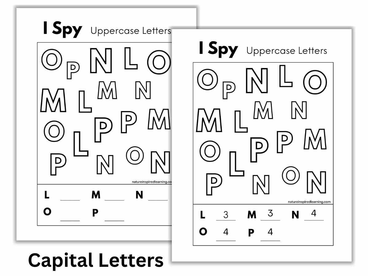 Two black and white letter I spy worksheets with capital letters of the alphabet including G, H, I, J, and K. Black text bottom right on white background.