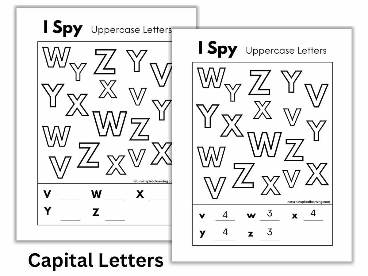 Two black and white letter I spy worksheets with capital letters of the alphabet including V, W, X, Y, and Z. Black text bottom right on white background.