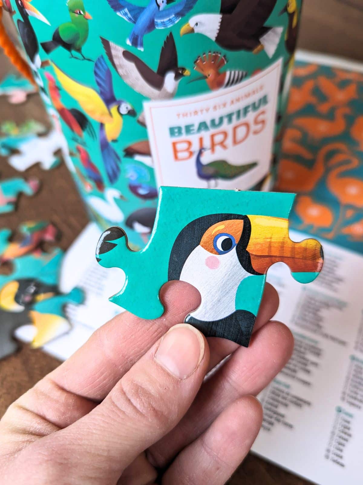 Hand holding a puzzle piece with a toucan above a bird puzzle box, directions, and extra puzzle pieces placed on the floor.