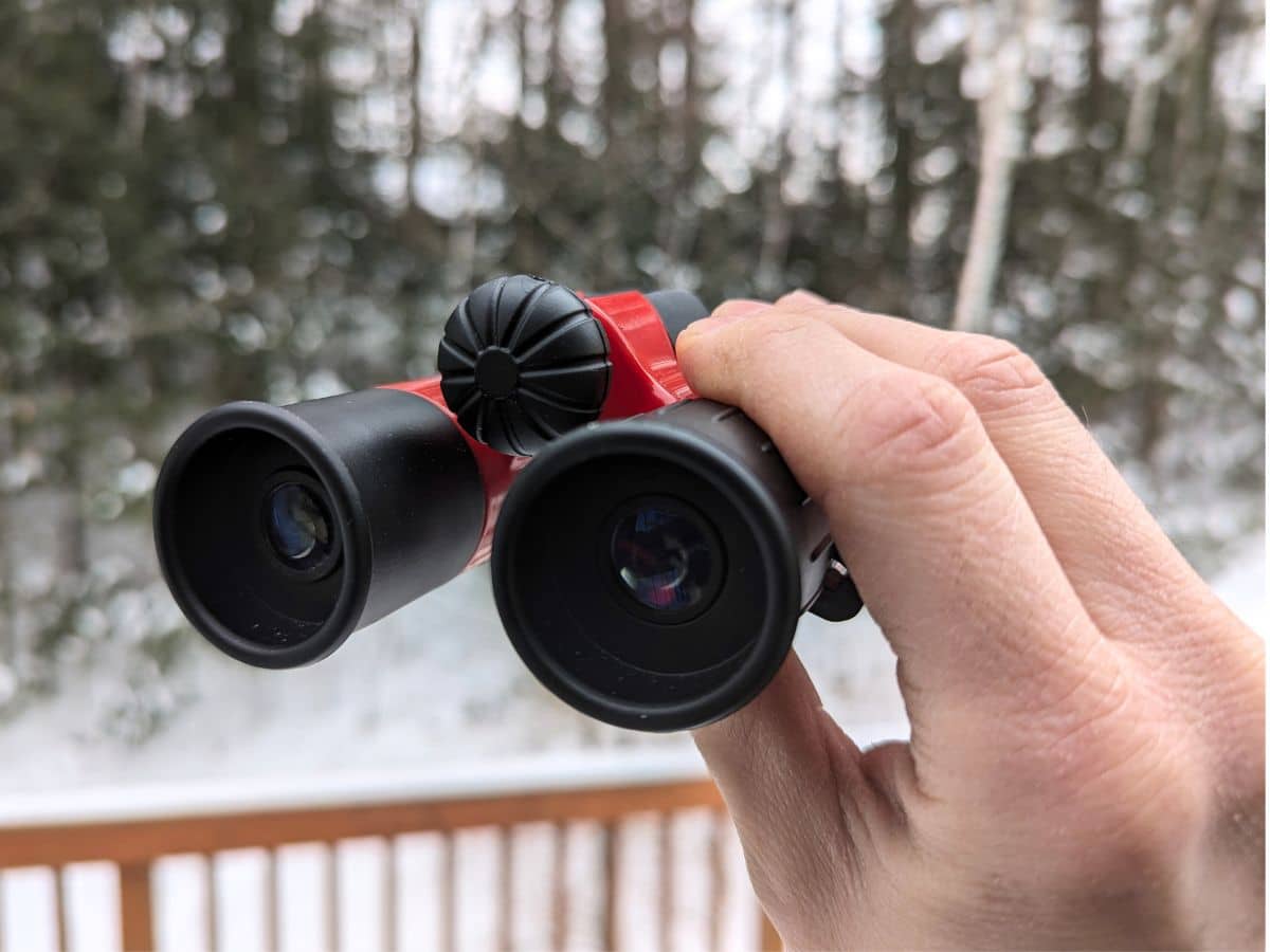 hand holding a pair of red and black kids binoculars outside in the winter. Deck railing and evergreen trees in the background.