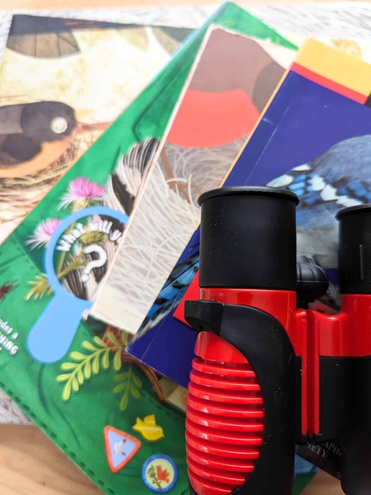 collection of children's books about birds fanned out on a table with red and black binoculars on top.