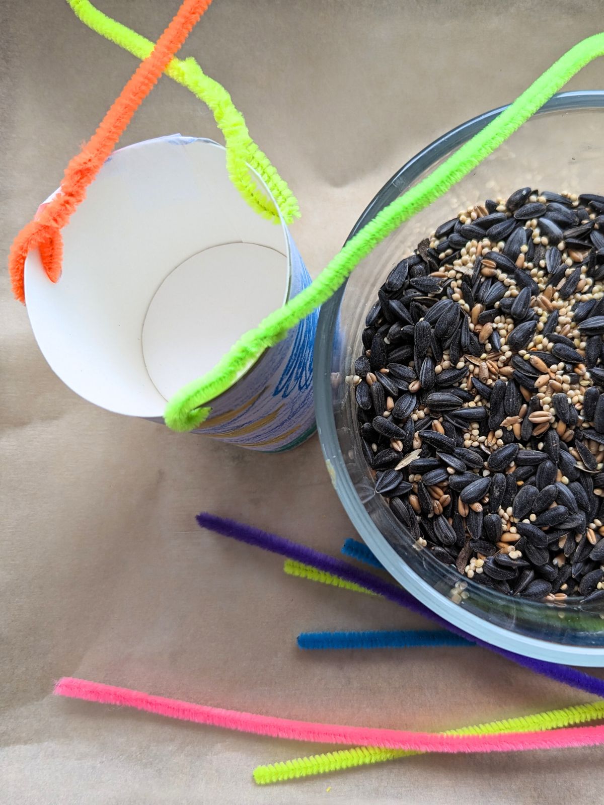 DIY bird feeder made of a paper cup with three pipe cleaners woven around the top next to a circular glass container with bird seed with colorful pipe cleaner below all on parchment paper.