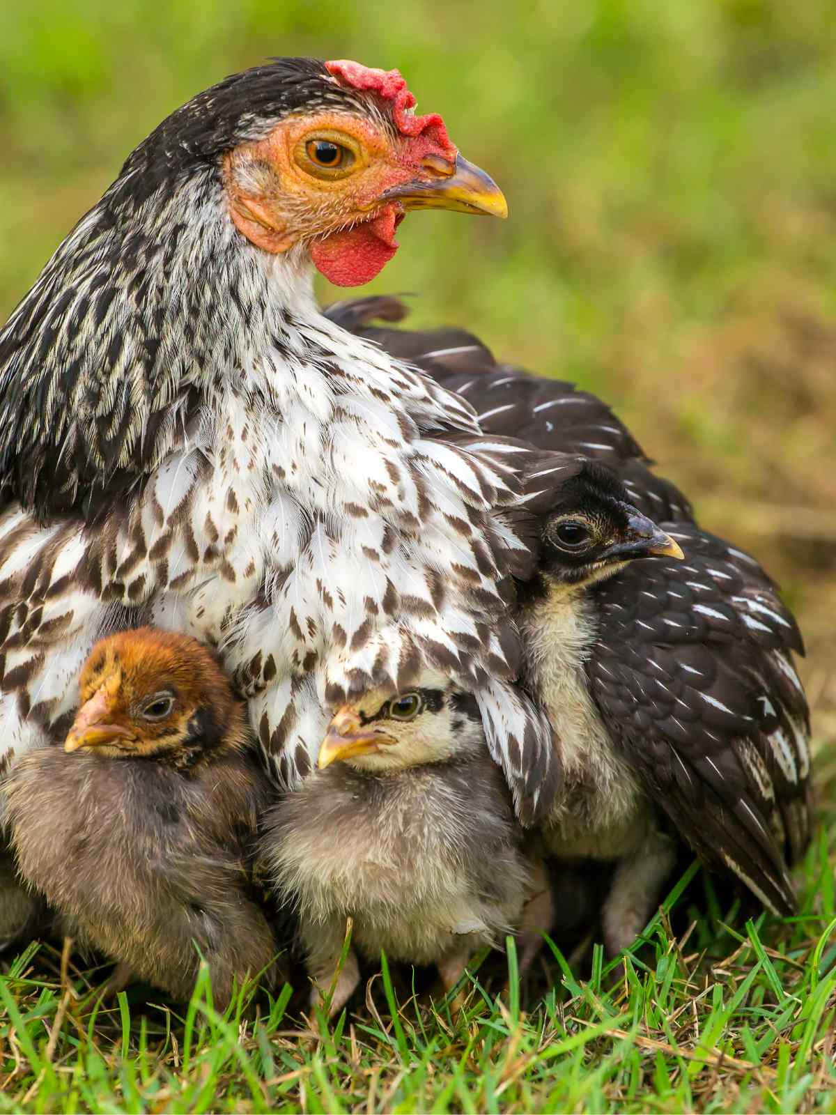 Mother hen with three baby chicks peaking out from under her feathers. Outside in the green grass.