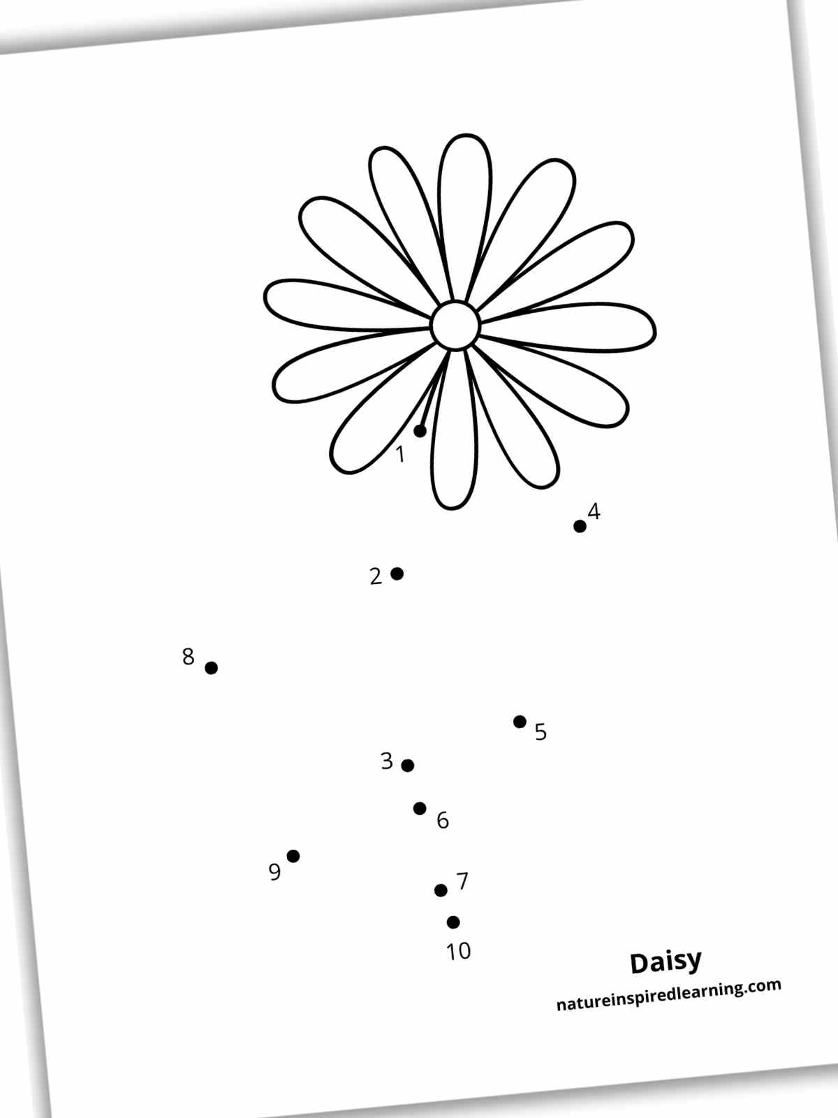 Black and white dot to dot worksheet with a daisy at the top and a missing stem. Numbers 1-10 next to dots below the flower.