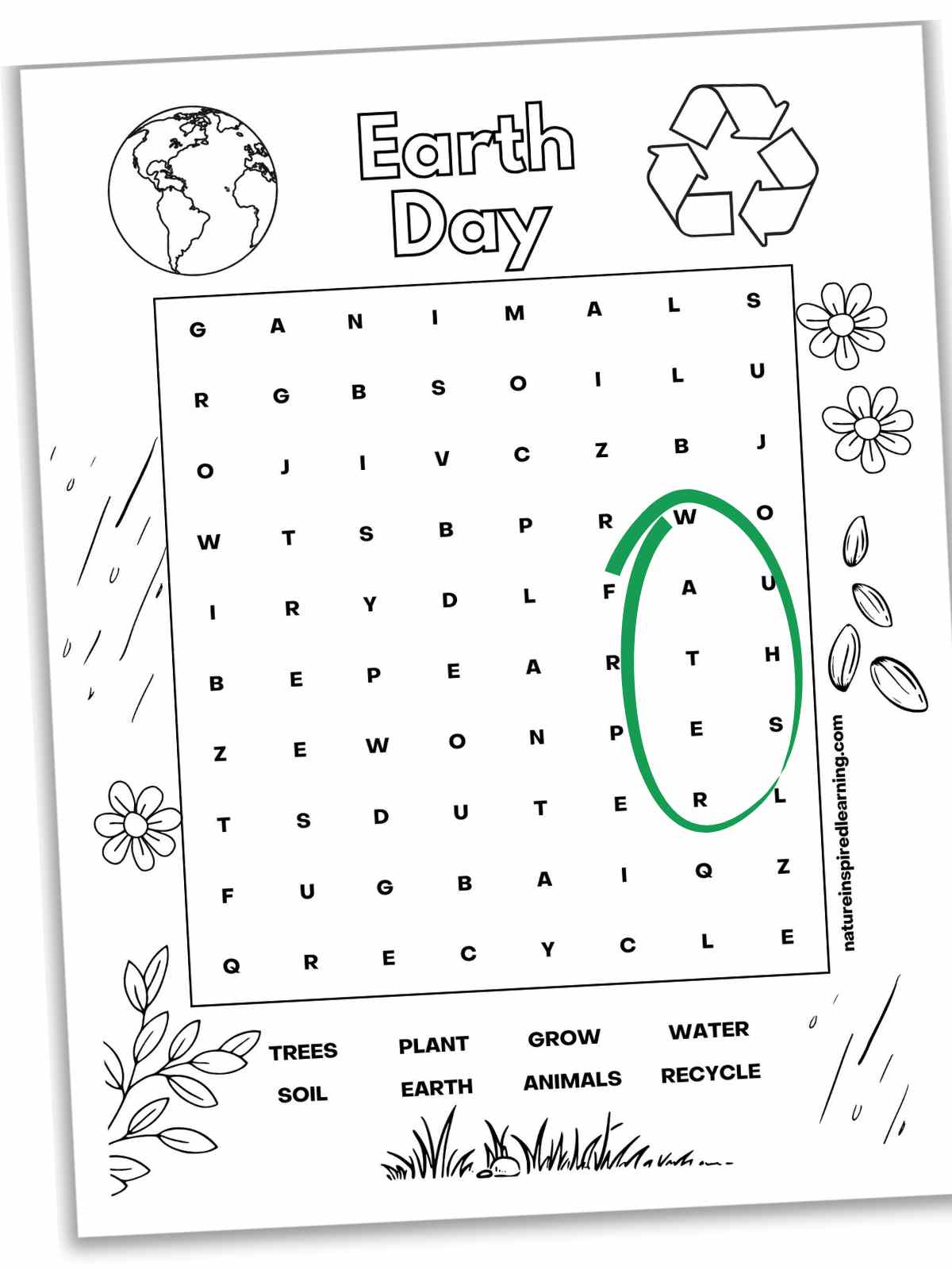 Black and white Earth Day word search with different designs in the border of the puzzle. Water circled in green on the printable.